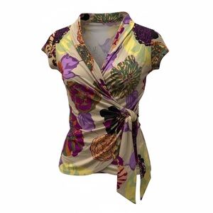 Carmen Marc Valvo Multicolor Floral Wrap Blouse V Neck Size S EUC